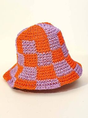 Straw Braided Checkerboard Bucket Hat - Orange & Lavender